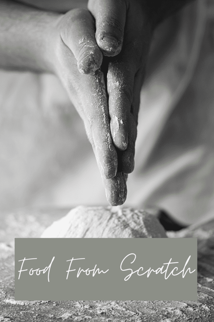 woman is making bread from scratch. The words say food from scratch.