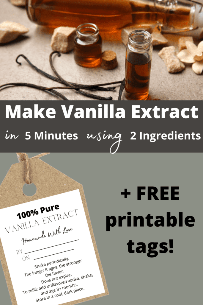 make vanilla extract in 5 minutes using 2 ingredients, plus free printable tags to put on your vanilla. The tags have a place to write who made it, when they made it, and instructions for the gift recipient.