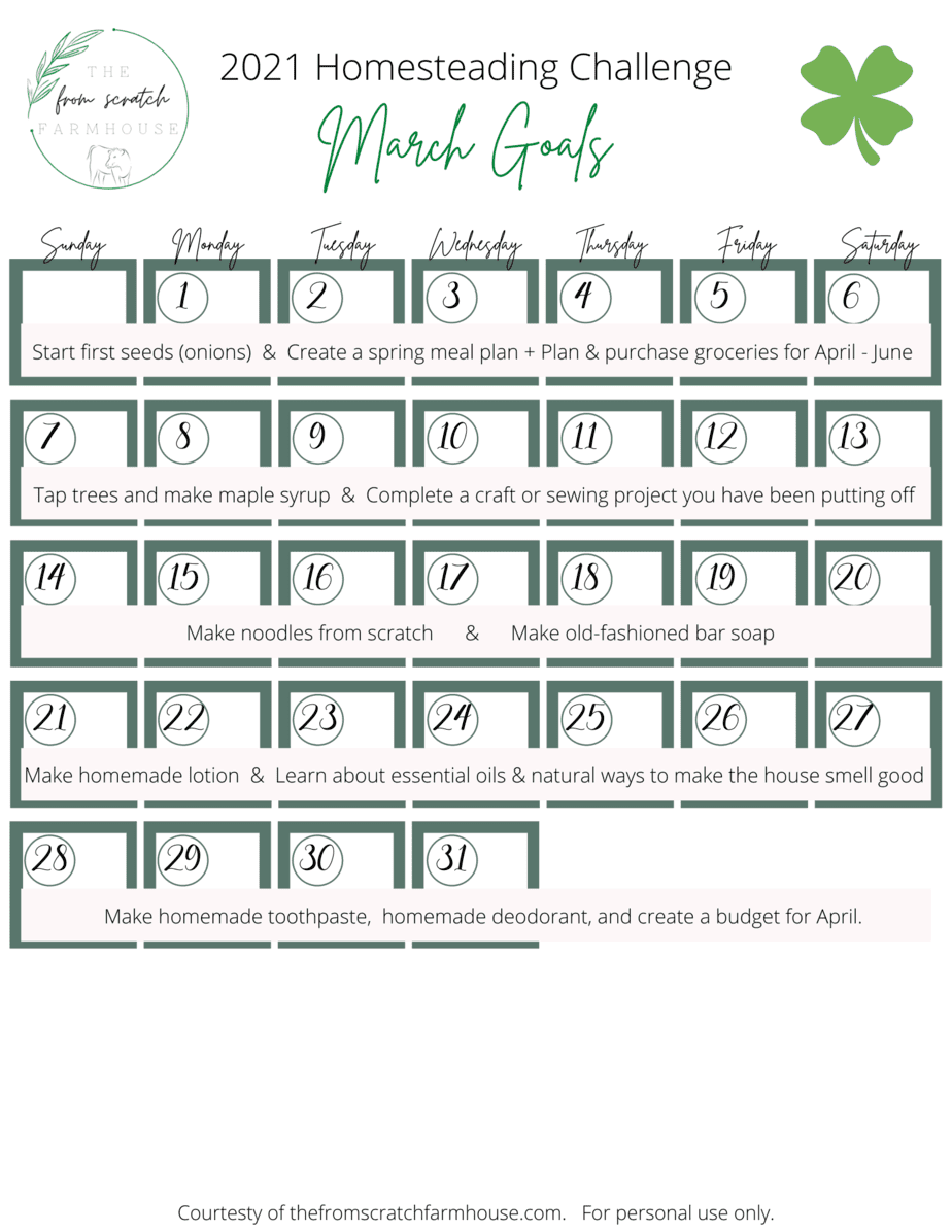 2021 Homesteading Challenge Goal Calendar for March
