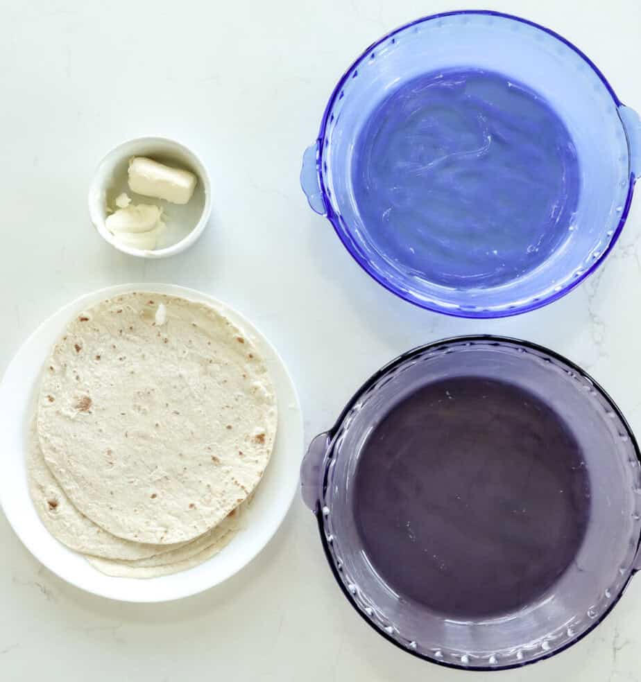 tortillas and bowls for enchilada pie