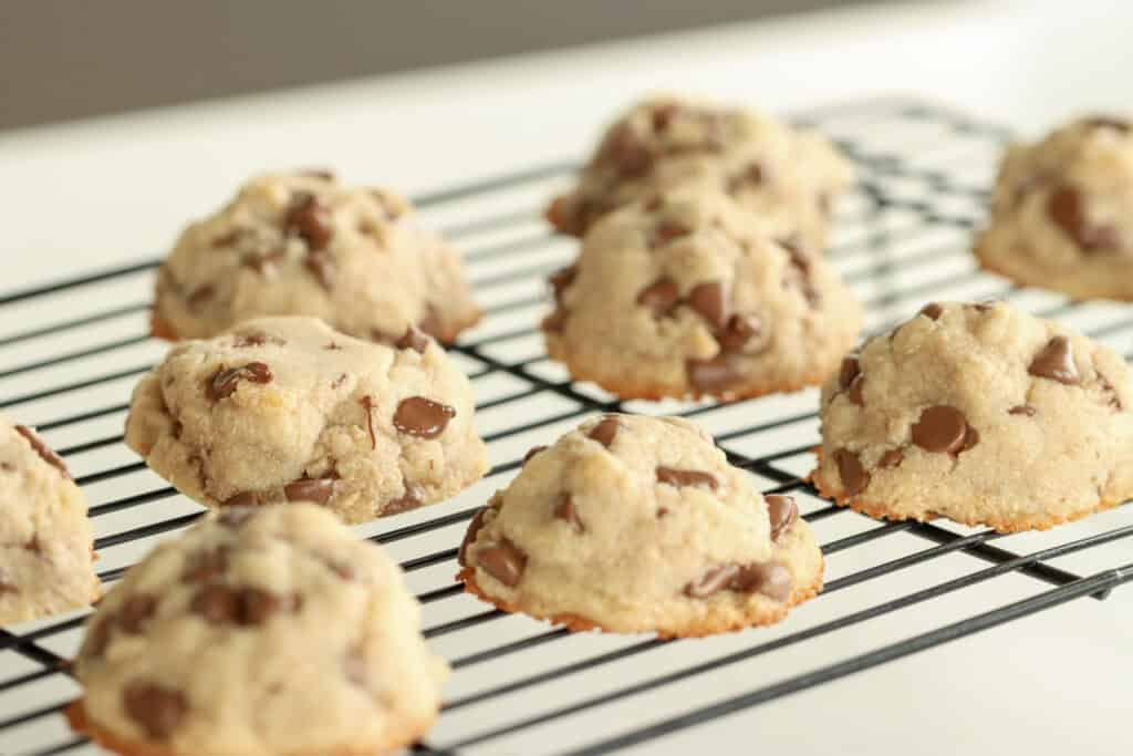 chocolate chip cookies cooling on a wire rack