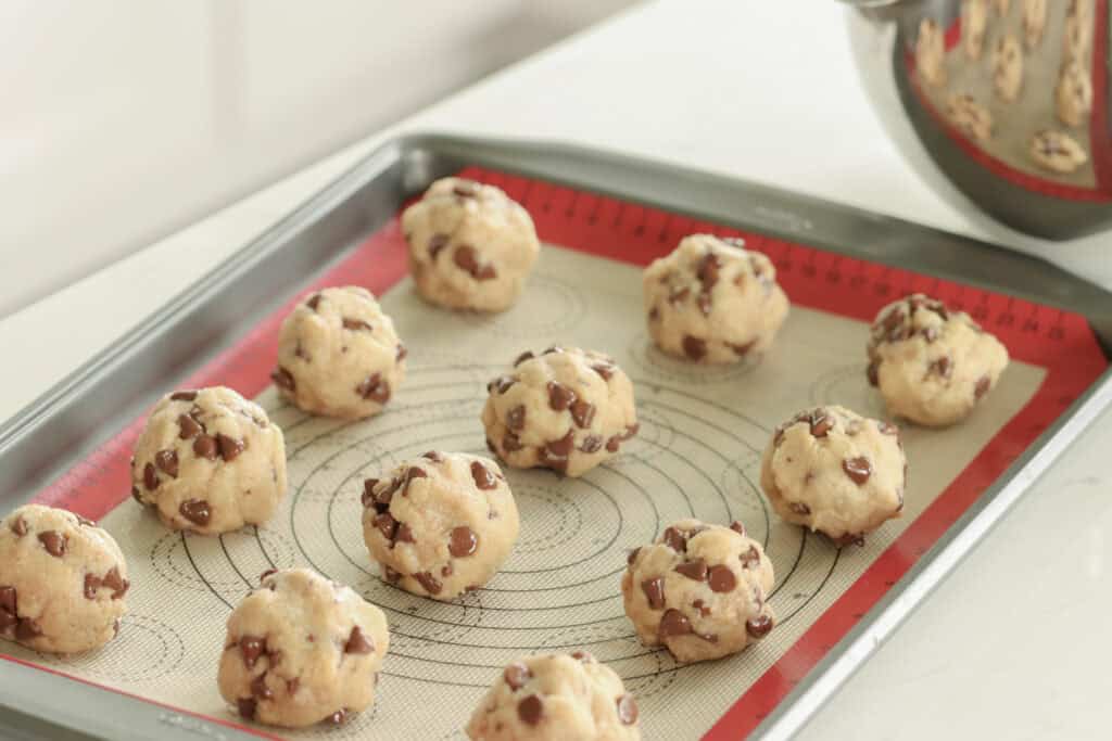 cookie sheet full off gluten free dairy free chocolate chip cookies