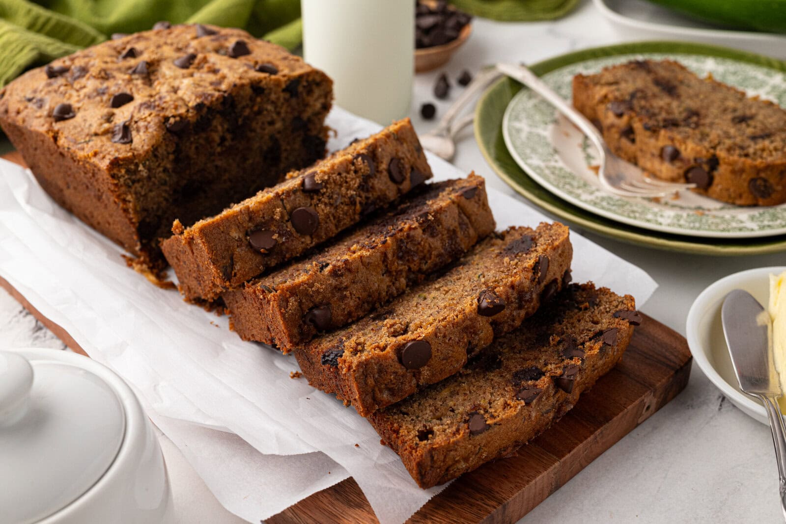 sourdough zucchini bread with chocolate chips sliced