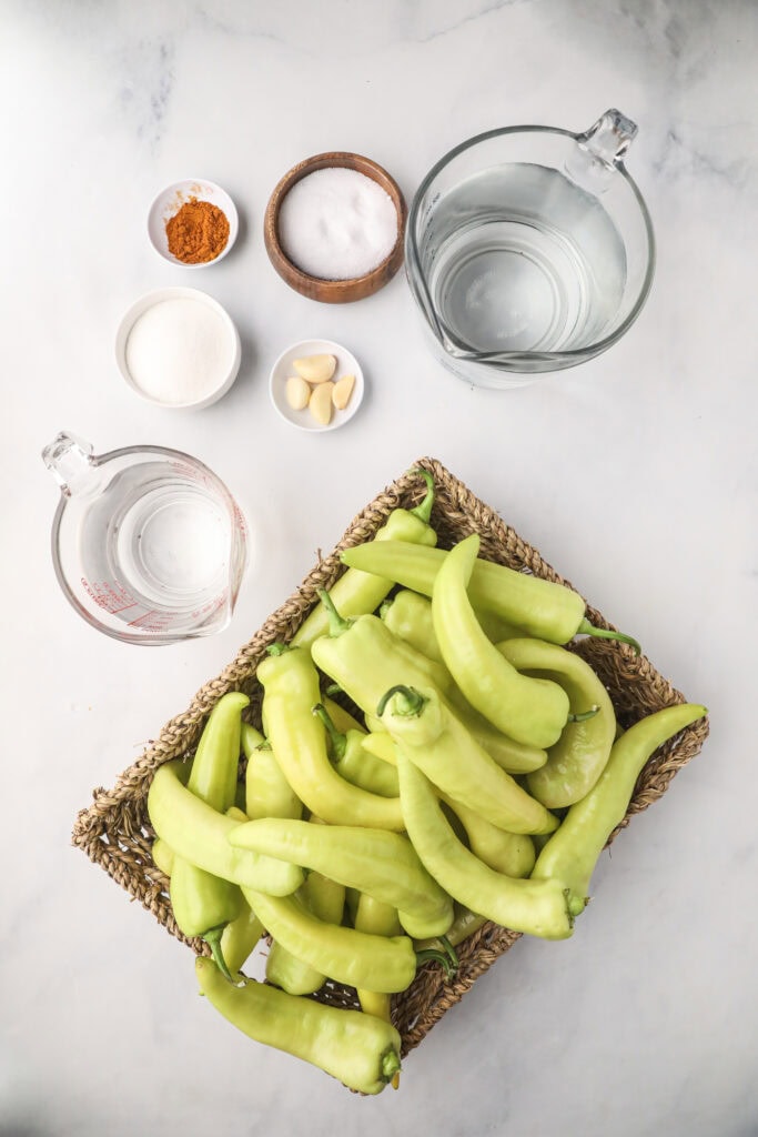 Ingredients for water bath canning Pickled Banana Pepper Rings 